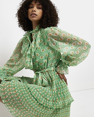 RIVER ISLAND GREEN PRINTED FRILL MINI DRESS – romantic ruffle front dresses