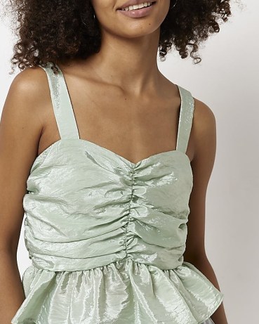 RIVER ISLAND GREEN RUCHED CAMI TOP – frill peplum hem camisole tops – ruffled gathered detail camisoles – frilled fashion - flipped
