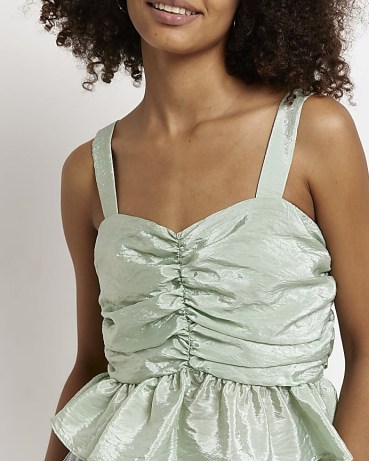 RIVER ISLAND GREEN RUCHED CAMI TOP – frill peplum hem camisole tops – ruffled gathered detail camisoles – frilled fashion