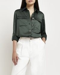 RIVER ISLAND GREEN SATIN UTILITY SHIRT ~ women’s utilitarian style fashion ~ womens pocket detail shirts