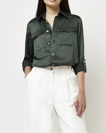 RIVER ISLAND GREEN SATIN UTILITY SHIRT ~ women’s utilitarian style fashion ~ womens pocket detail shirts - flipped