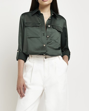 RIVER ISLAND GREEN SATIN UTILITY SHIRT ~ women’s utilitarian style fashion ~ womens pocket detail shirts
