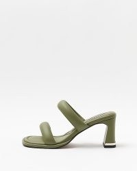 RIVER ISLAND GREEN STRAPPY HEELED MULES ~ double padded strap mule sandals ~ women’s on-trend block heel shoes