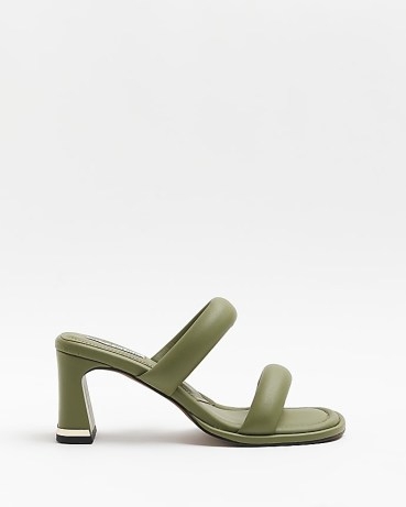 RIVER ISLAND GREEN STRAPPY HEELED MULES ~ double padded strap mule sandals ~ women’s on-trend block heel shoes - flipped