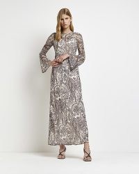 RIVER ISLAND GREY PRINTED LACE UP MAXI DRESS ~ long sleeved paisley print evening dresses ~ chiffon fabric ~ back crisscross tie detail ~ elegant party fashion ~ flared sleeves