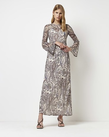 RIVER ISLAND GREY PRINTED LACE UP MAXI DRESS ~ long sleeved paisley print evening dresses ~ chiffon fabric ~ back crisscross tie detail ~ elegant party fashion ~ flared sleeves - flipped