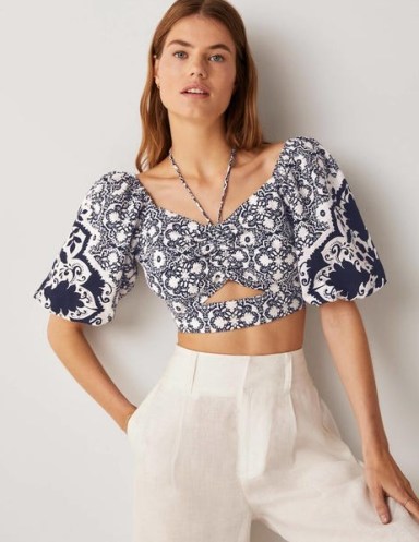 Boden Halterneck Cut Out Crop Top Navy, Bloomsbury | dark blue and white linen floral print crop tops | puff sleeve fashion | cut out detail clothes - flipped