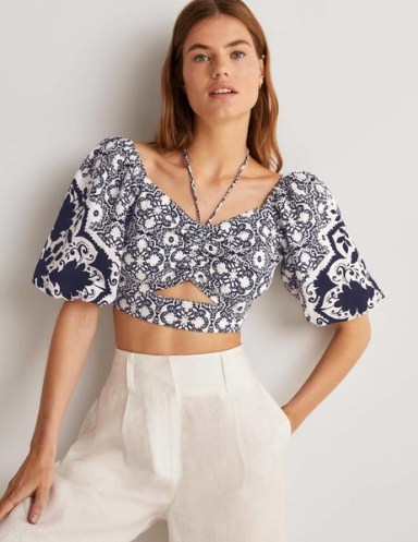 Boden Halterneck Cut Out Crop Top Navy, Bloomsbury | dark blue and white linen floral print crop tops | puff sleeve fashion | cut out detail clothes