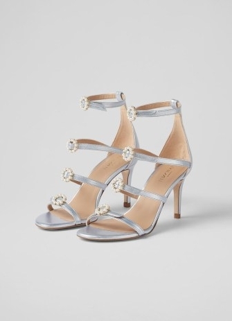 L.K. BENNETT Harper Ice Blue Metallic Leather Pearl Buckle Sandals ~ luxe strappy high heels ~ feminine embellished occasion shoes - flipped