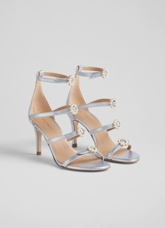 L.K. BENNETT Harper Ice Blue Metallic Leather Pearl Buckle Sandals ~ luxe strappy high heels ~ feminine embellished occasion shoes