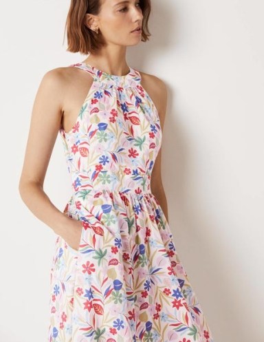 Boden Heidi Halterneck Midi Dress Multi, Tropic Foliage – women’s halter neck floral print cotton dresses - flipped