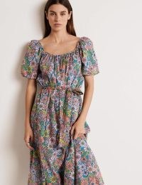 Boden Hettie Scoop Neck Maxi Dress Bonbon, Bloom Garden – floral short sleeved scoop neck tie waist dresses – women’s cotton summer fashion