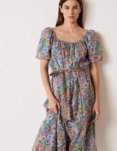 Boden Hettie Scoop Neck Maxi Dress Bonbon, Bloom Garden – floral short sleeved scoop neck tie waist dresses – women’s cotton summer fashion - flipped