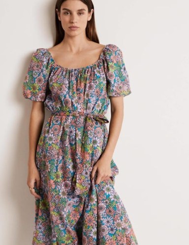 Boden Hettie Scoop Neck Maxi Dress Bonbon, Bloom Garden – floral short sleeved scoop neck tie waist dresses – women’s cotton summer fashion