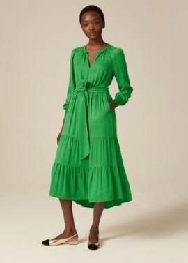 ME and EM Houndstooth Jacquard Midi Dress + Tie in Island Green ~ collarless long sleeved tiered dresses - flipped