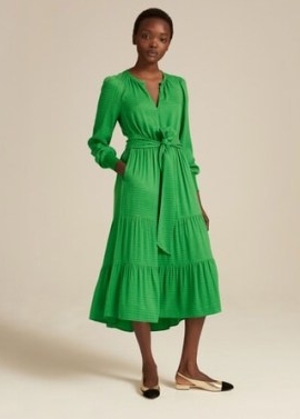 ME and EM Houndstooth Jacquard Midi Dress + Tie in Island Green ~ collarless long sleeved tiered dresses
