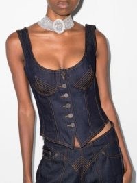 Jean Paul Gaultier button-fastening denim top | dark blue scoop neck corset style tops | sleeveless bustier top | lace up back detail | FARFETCH