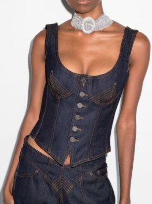 Jean Paul Gaultier button-fastening denim top | dark blue scoop neck corset style tops | sleeveless bustier top | lace up back detail | FARFETCH - flipped