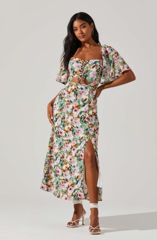 ASTR THE LABEL LACE UP FLUTTER SLEEVE CUT OUT MIDI DRESS pink/green multi floral | fitted bodice cut out detail dresses | split hem | short wide sleeves