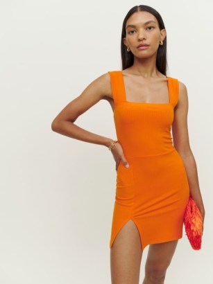 Reformation Laurena Knit Dress in Citrus / orange sleeveless square neck mini dresses / split hem / fitted evening fashion - flipped