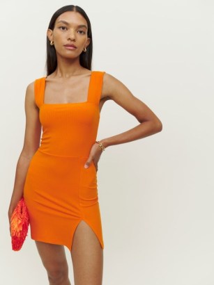 Reformation Laurena Knit Dress in Citrus / orange sleeveless square neck mini dresses / split hem / fitted evening fashion