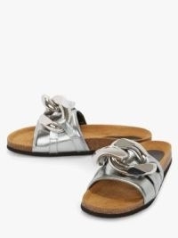 JW ANDERSON LEATHER CHAIN SLIDES in SILVER – women’s metallic sliders – womens designer chunky chain detail footbed sandals