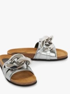 JW ANDERSON LEATHER CHAIN SLIDES in SILVER – women’s metallic sliders – womens designer chunky chain detail footbed sandals - flipped