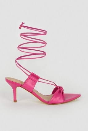 KAREN MILLEN Leather Twist Detail Wrap Around Low Heel in Pink ~ pointed toe wraparound ankle tie sandals - flipped