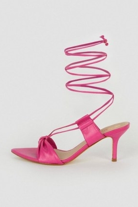 KAREN MILLEN Leather Twist Detail Wrap Around Low Heel in Pink ~ pointed toe wraparound ankle tie sandals