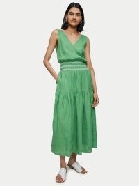 JIGSAW Linen Smocked Detail Maxi Dress in Green ~ sleeveless V-neck tiered hem dresses ~ gathered smock waist