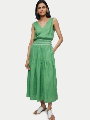 JIGSAW Linen Smocked Detail Maxi Dress in Green ~ sleeveless V-neck tiered hem dresses ~ gathered smock waist - flipped