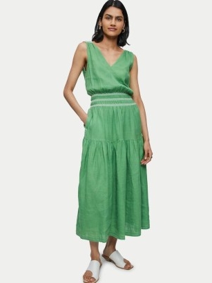 JIGSAW Linen Smocked Detail Maxi Dress in Green ~ sleeveless V-neck tiered hem dresses ~ gathered smock waist