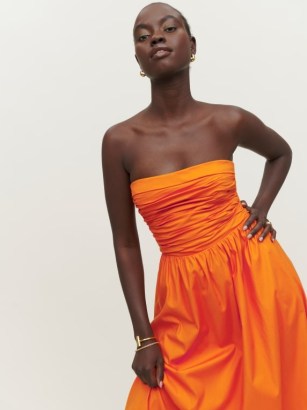 Reformation Lissa Dress in Citrus / orange spaghetti shoulder strap dresses / removable skinny straps / strapless ruched bodice / women’s organic cotton fashion