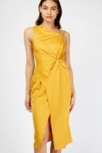 LITTLE MISTRESS Mustard Satin Asymmetric Midi Dress ~ glamorous dark yellow knot detail occasion dresses - flipped