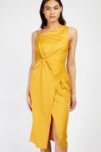 LITTLE MISTRESS Mustard Satin Asymmetric Midi Dress ~ glamorous dark yellow knot detail occasion dresses