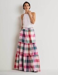 Boden Lorna Tiered Maxi Skirt Bonbon Pink Flambe Check / checked long length summer skirts / feminine cotton fashion