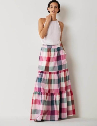 Boden Lorna Tiered Maxi Skirt Bonbon Pink Flambe Check / checked long length summer skirts / feminine cotton fashion - flipped