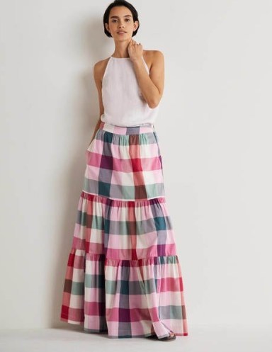 Boden Lorna Tiered Maxi Skirt Bonbon Pink Flambe Check / checked long length summer skirts / feminine cotton fashion