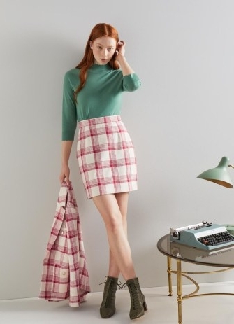 L.K. BENNETT Lotta Red and Cream Check Tweed Mini Skirt ~ women’s checked skirts - flipped