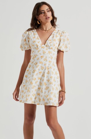 ASTR THE LABEL LOVEGROVE FLORAL PUFF SLEEVE MINI DRESS in White Yellow Floral | women’s puffed sleeved strappy tie back detail dresses | romane inspired fashion - flipped