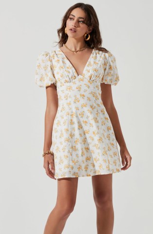 ASTR THE LABEL LOVEGROVE FLORAL PUFF SLEEVE MINI DRESS in White Yellow Floral | women’s puffed sleeved strappy tie back detail dresses | romane inspired fashion
