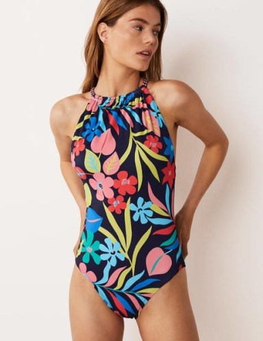 Boden Low Back Twist Braid Swimsuit French Navy, Tropic Foliage – women’s floral print swimsuits – cross back detail – womens printed swimwear - flipped