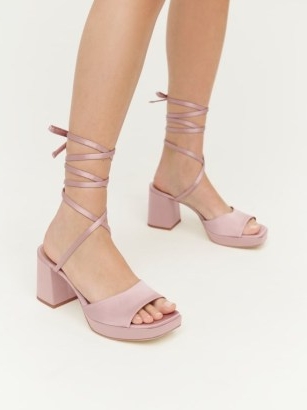 Reformation Magda Ankle Tie Platform in Serenade ~ pale pink block heel platforms ~ retro sandals ~ strappy ties