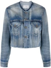 Maison Margiela raw-cut edge denim jacket indigo blue | women’s designer cropped jackets | collarless | FARFETCH
