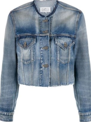 Maison Margiela raw-cut edge denim jacket indigo blue | women’s designer cropped jackets | collarless | FARFETCH - flipped