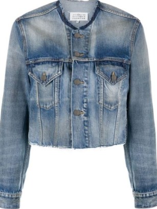 Maison Margiela raw-cut edge denim jacket indigo blue | women’s designer cropped jackets | collarless | FARFETCH