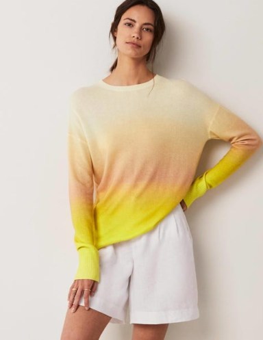 Boden Margot Cashmere Jumper Pink/Yellow Ombre – women’s crew neck dip dye jumpers – womens relaxed fit drop shoulder sweater – on-trend knitwear - flipped