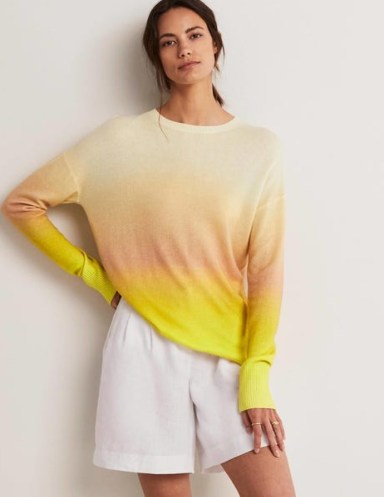 Boden Margot Cashmere Jumper Pink/Yellow Ombre – women’s crew neck dip dye jumpers – womens relaxed fit drop shoulder sweater – on-trend knitwear