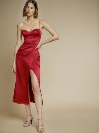Reformation Marguerite Silk Dress in Sangre – red spaghetti strap fitted bodice evening dresses – glamorous occasion fashion – faux wrap style