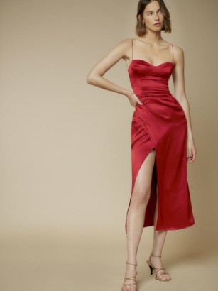 Reformation Marguerite Silk Dress in Sangre – red spaghetti strap fitted bodice evening dresses – glamorous occasion fashion – faux wrap style - flipped